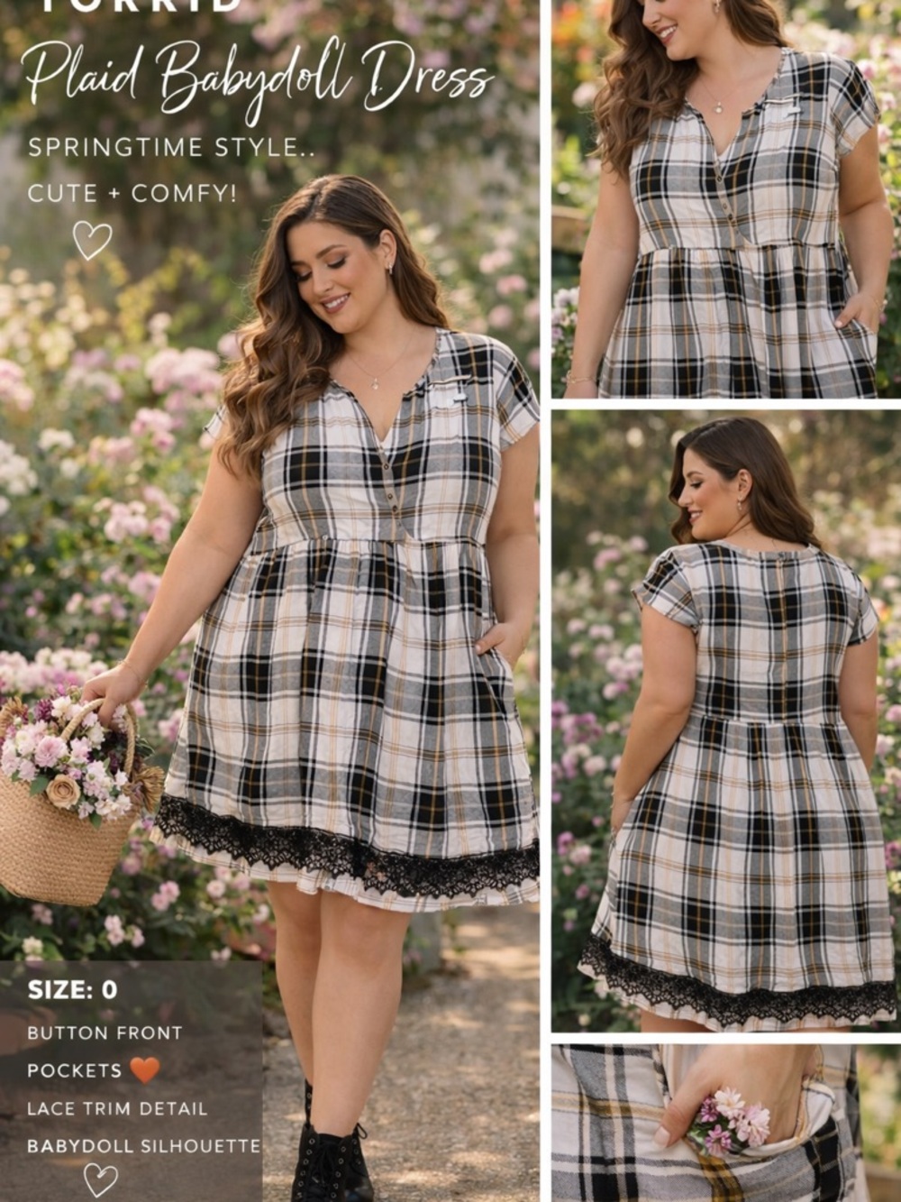 torrid Black, Cream & Tan Plaid Babydoll Dress with Lace Hem